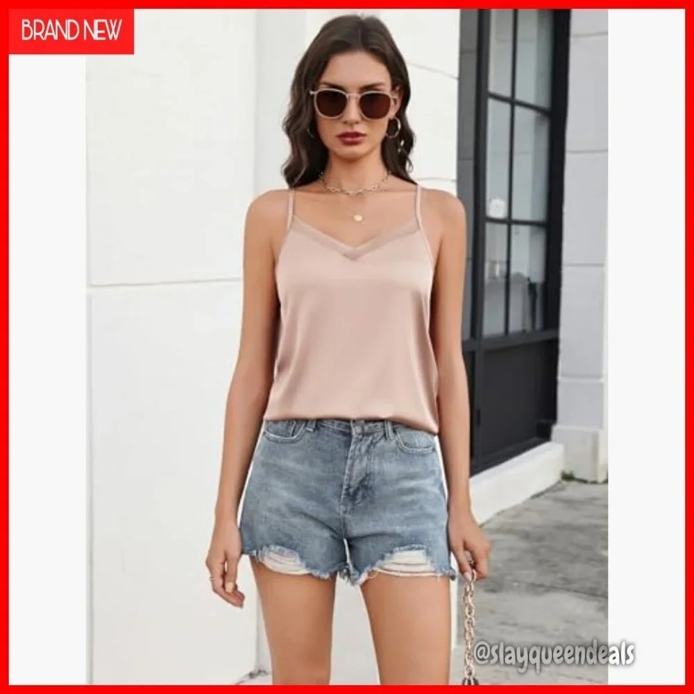 Satin V-Neck Camisole with Mesh Panel Adjustable Straps Relaxed Fit
